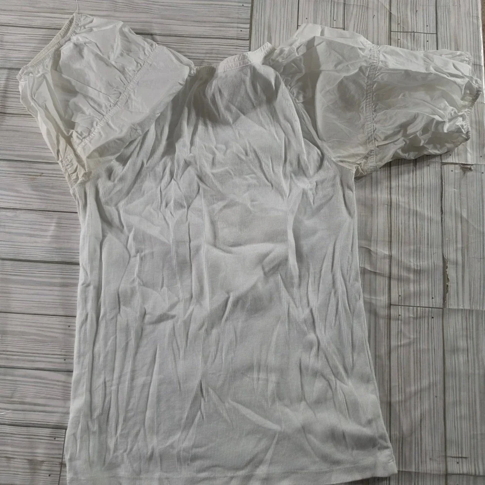 LOFT Womens White Ribbed Puff Sleeve Mixed Media Scoop Neck Top Size M